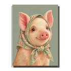 Cute Pink Pig Paint by Numbers For Adults featuring adorable pig with expressive eyes, rosy snout and sage green floral headscarf with tiny pink flowers