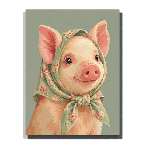 Cute Pink Pig Paint by Numbers For Adults featuring adorable pig with expressive eyes, rosy snout and sage green floral headscarf with tiny pink flowers