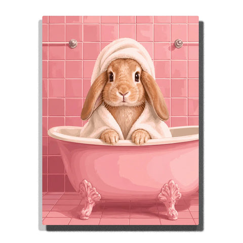 Cute Bunny Paint by Numbers For Adults featuring brown lop-eared rabbit in fluffy white bathrobe and towel relaxing inside pink clawfoot bathtub