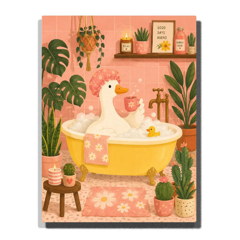 Animal Paint by Numbers For Adults featuring white duck relaxing in yellow bubble bath with pink floral shower cap, rubber duck and lush green houseplants