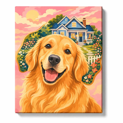 Golden Retriever Paint by Numbers For Adults featuring happy golden dog in front of blue family home with flower garden, white fence and pink sunset sky
