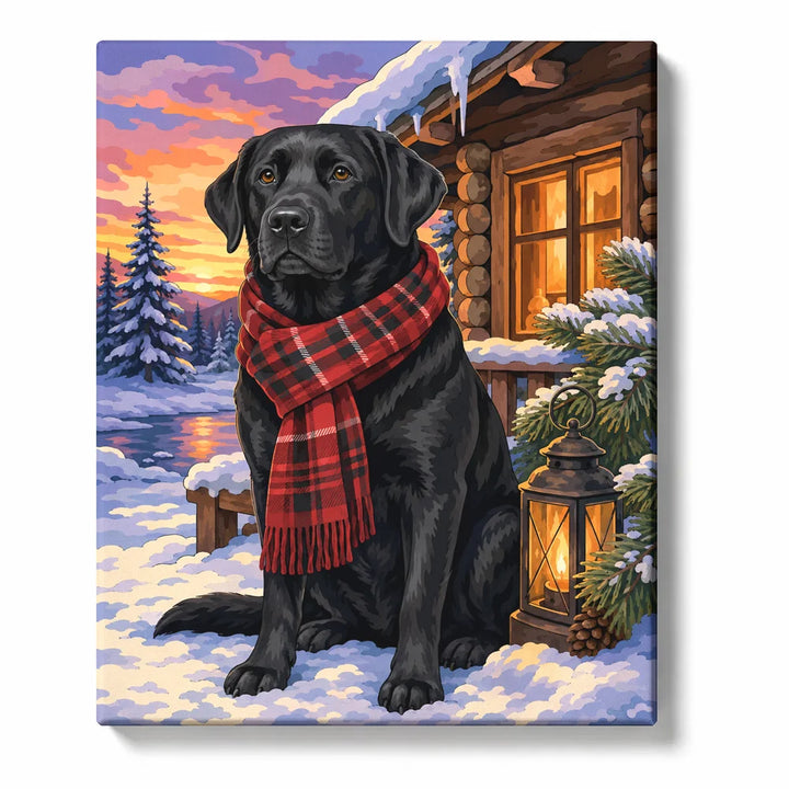 Black Labrador at the Winter Cabin - finished paint by numbers canvas on a white background