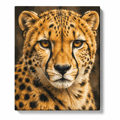 Cheetah Paint by Numbers For Adults featuring close-up golden cheetah portrait with amber eyes, black spots, dark tear markings and white whiskers