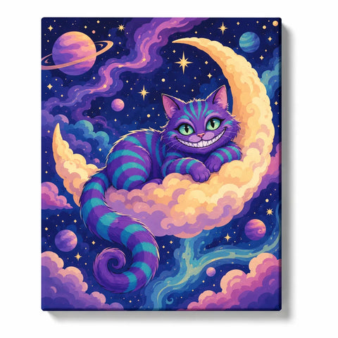 Cheshire Cat Paint by Numbers For Adults featuring purple turquoise striped cat with green eyes and wide grin lounging on crescent moon among colorful planets and stars