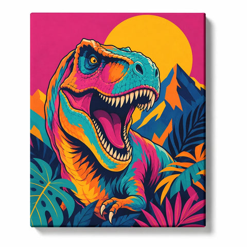 Pop Art dinosaur Paint by Numbers For Adults featuring roaring colorful T-Rex in turquoise pink orange and yellow with tropical jungle leaves, mountains and golden sun