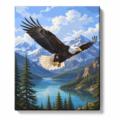 Bald Eagle Paint by Numbers For Adults featuring soaring eagle with white head above turquoise mountain lake, snowy peaks, evergreen forest and blue sky