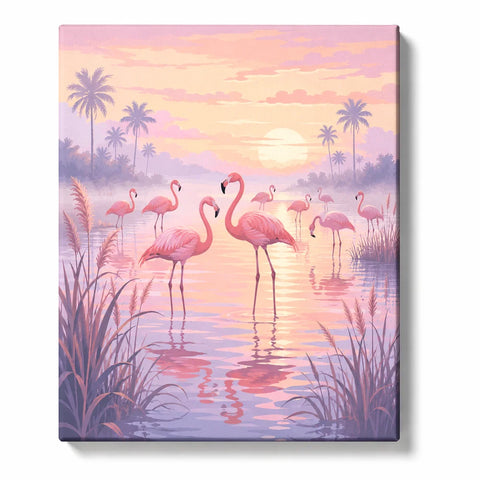 Flamingo Paint by Numbers For Adults featuring pink flamingo flock standing in tropical lagoon with palm trees, pastel sunset and soft water reflections
