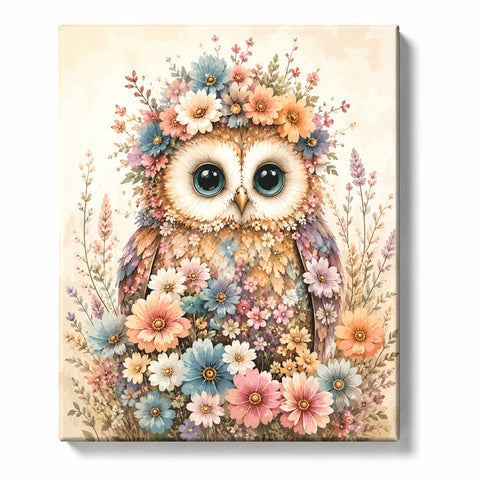 Owl Paint by Numbers For Adults featuring cute wide-eyed owl surrounded by pink peach blue lavender and cream flowers with soft pastel botanical details