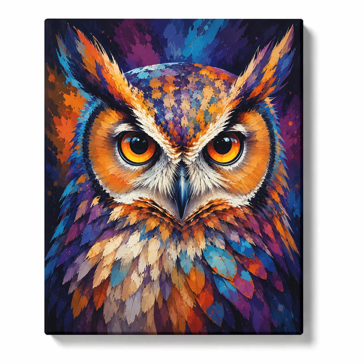 Owl portrait with amber eyes and vivid blue, gold and violet feathers on a dark background