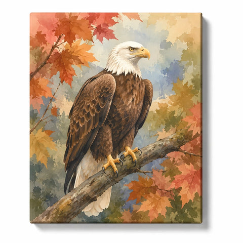 Bald Eagle Paint by Numbers For Adults featuring eagle perched on tree branch with autumn leaves, colorful foliage and soft natural light