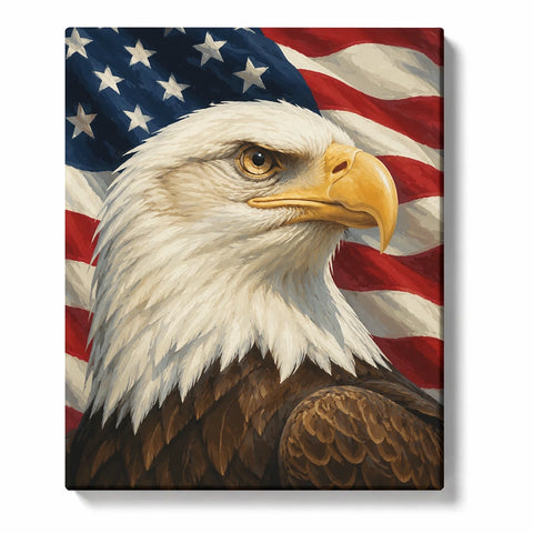 American Eagle Paint by Numbers For Adults featuring bald eagle portrait with detailed feathers, golden beak and American flag background