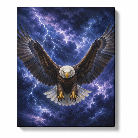 Eagle Paint by Numbers For Adults featuring bald eagle flying through lightning storm clouds with dramatic sky, rain and powerful wings
