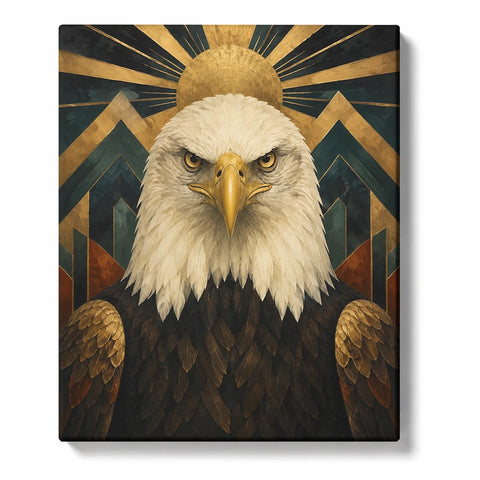 Eagle Paint by Numbers For Adults featuring bald eagle portrait with golden eyes, white feathers, geometric background and gold sun emblem