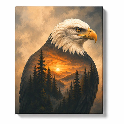 Eagle Paint by Numbers For Adults featuring bald eagle with golden eye and mountain sunset, pine forest and glowing wilderness landscape blended into its body