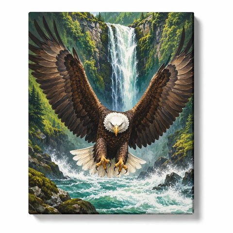 Eagle Paint by Numbers For Adults featuring bald eagle flying above rushing river with mountain waterfall, evergreen forest and rocky cliffs