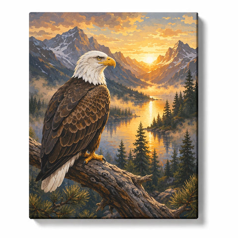 Eagle Paint by Numbers For Adults featuring bald eagle perched on tree branch overlooking mountain lake with snowy peaks and sunset landscape