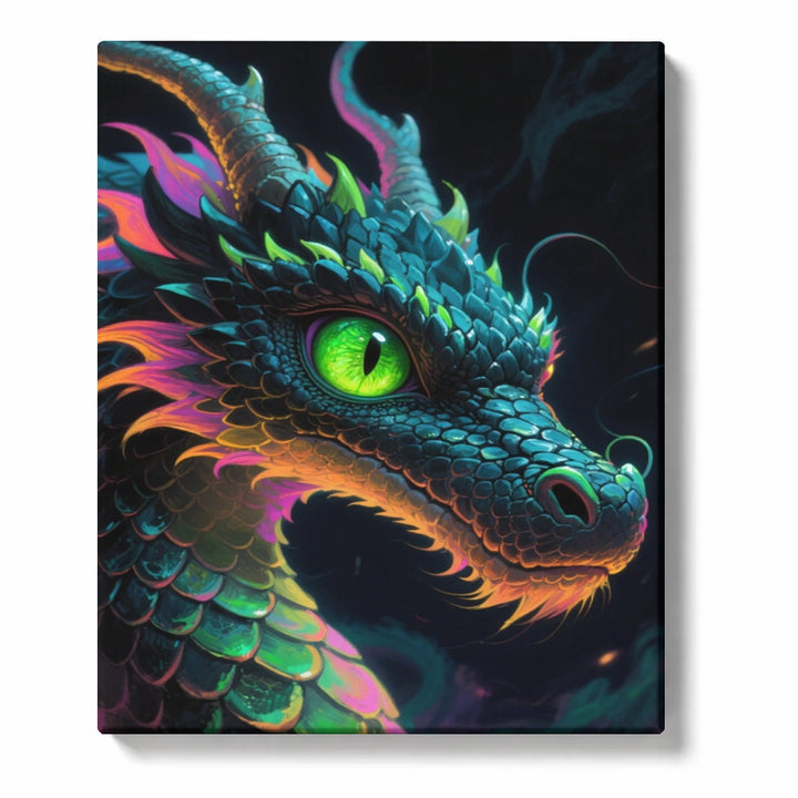 Colorful Dragon Head with Bright Green Eyes and Detailed Scales Paint by Numbers Kit For Adults
