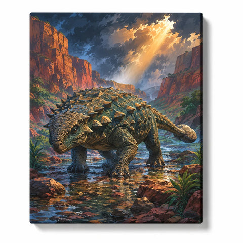 Dinosaur Paint by Numbers For Adults featuring armored ankylosaurus walking through mountain river with red canyon cliffs, rocks and golden sunlight