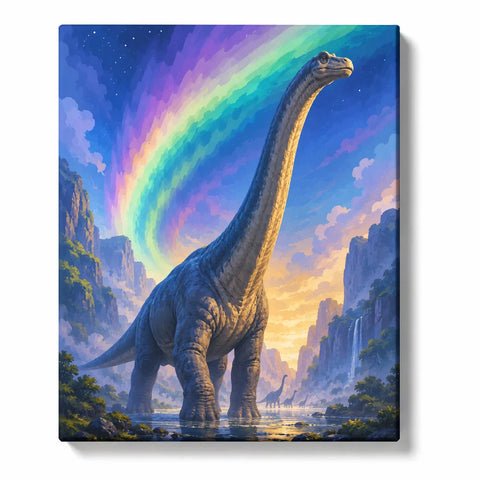 Dinosaur Paint by Numbers For Adults featuring giant long-neck sauropod standing in mountain valley with waterfalls, distant dinosaurs, rainbow aurora sky and sunset