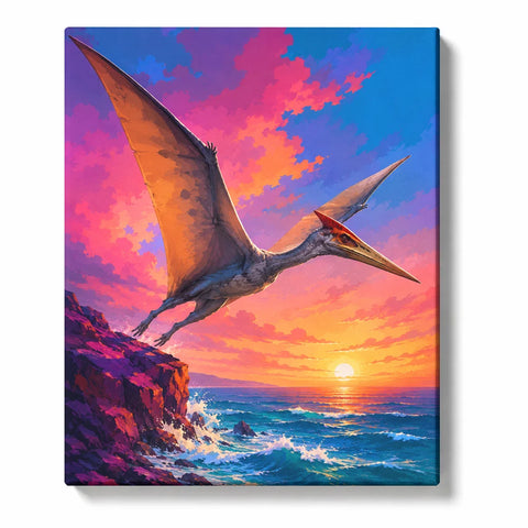 Pterosaur Soaring above Sunset Cliffs and Ocean Waves artwork on white background
