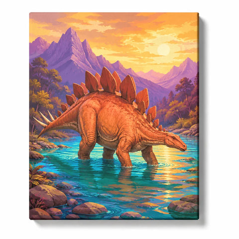 Dinosaur Paint by Numbers For Adults featuring orange Stegosaurus wading through turquoise river with purple mountains and glowing golden sunset