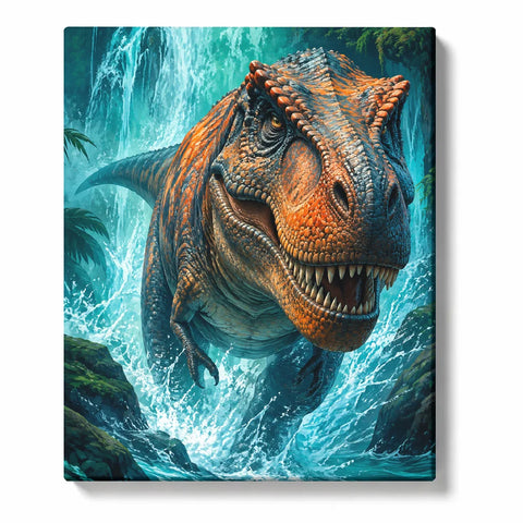 Orange and Teal T-Rex Dinosaur before a Jungle Waterfall artwork on white background