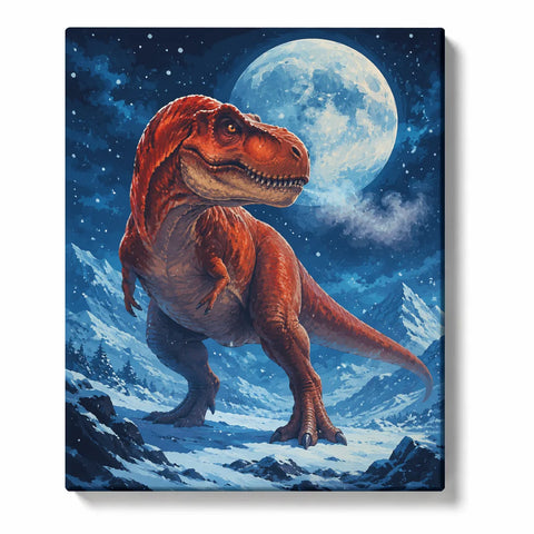T-Rex Dinosaur Paint by Numbers For Adults featuring red Tyrannosaurus in snowy mountains beneath giant full moon and blue night sky