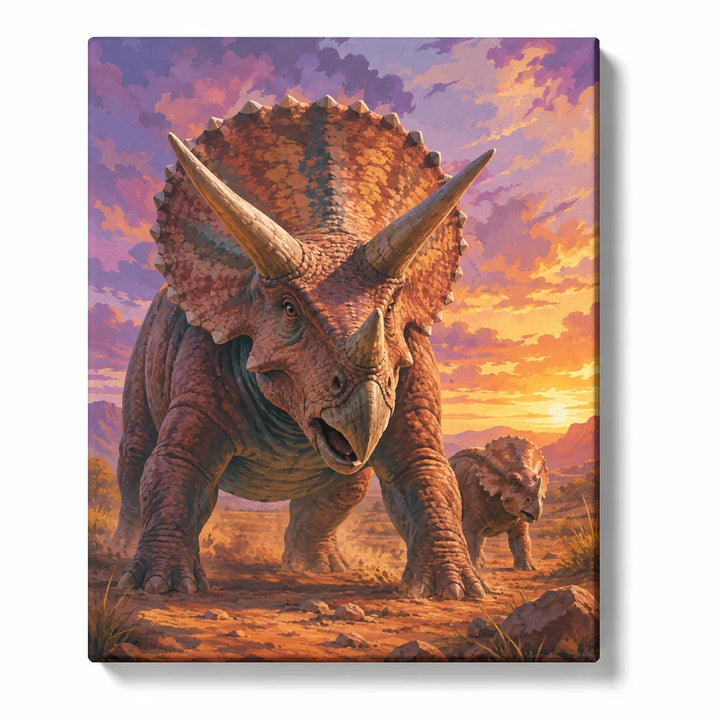 Triceratops Dinosaur and Calf in a Golden Sunset Valley artwork on white background