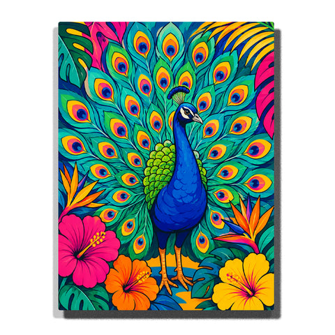 Peacock in tropical garden with  colorful feathers, exotic flowers, green leaves Paint by Numbers by PaintEasy