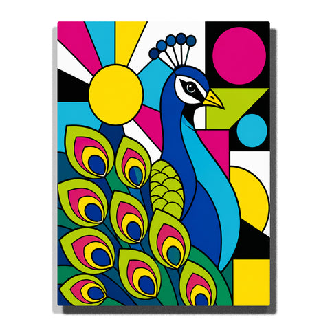 Colorful peacock Paint by Numbers artwork featuring geometric patterns, vibrant feather details, abstract shapes and pop art inspired background