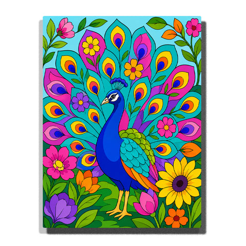 Colorful peacock floral garden Paint by Numbers artwork featuring blue peacock, vibrant feather patterns, flowers, green leaves and botanical background