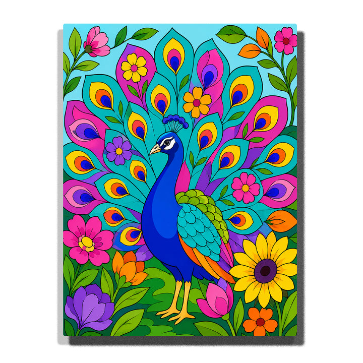 Colorful peacock floral garden Paint by Numbers artwork featuring blue peacock, vibrant feather patterns, flowers, green leaves and botanical background