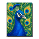 Blue peacock portrait Paint by Numbers artwork with colorful feather pattern background, detailed blue plumage and decorative bird design