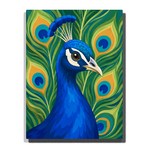 Blue peacock portrait Paint by Numbers artwork with colorful feather pattern background, detailed blue plumage and decorative bird design