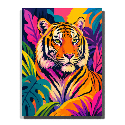Tiger tropical jungle Paint by Numbers artwork featuring a colorful tiger portrait with vibrant leaves, exotic plants and bold pop art style background