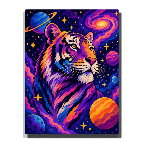 Pop art cosmic tiger Paint by Numbers artwork featuring a colorful tiger with galaxy planets, stars, space clouds and vibrant fantasy background