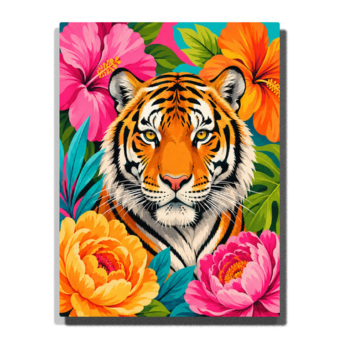 Tiger surrounded by tropical flowers and green leaves Paint by Numbers artwork featuring colorful wildlife portrait and vibrant pop art botanical background