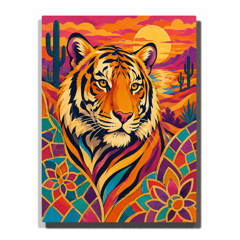Pop art tiger Paint by Numbers artwork featuring a colorful tiger portrait with desert sunset, cactus landscape, geometric patterns and vibrant fantasy background