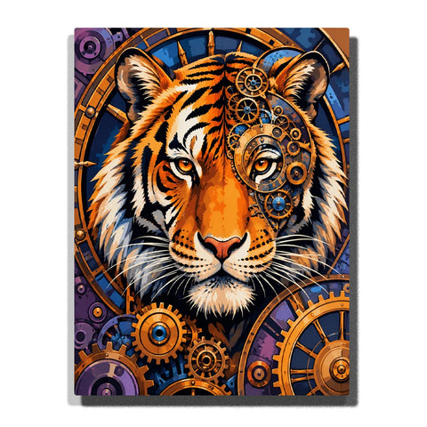 Tiger Paint by Numbers For Adults featuring orange tiger portrait with amber eyes, black stripes, intricate golden steampunk gears and blue purple mechanical background