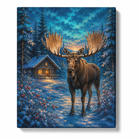 Moose Paint by Numbers For Adults featuring majestic moose with large antlers in snowy forest near cozy cabin with winter scenery