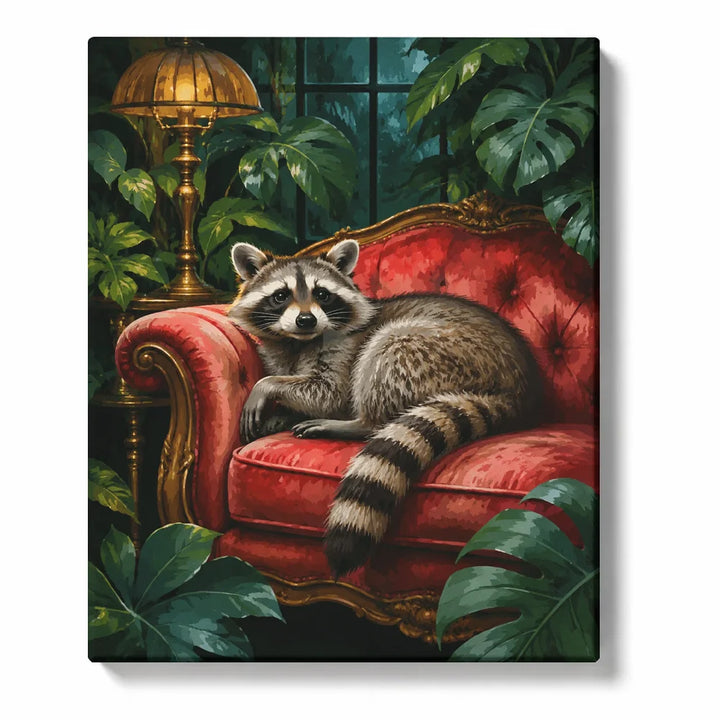 Raccoon on the Vintage Red Sofa - paint by numbers kit preview
