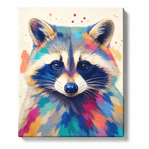 Raccoon Paint by Numbers For Beginners featuring colorful raccoon portrait with blue turquoise pink orange and purple fur accents on cream background