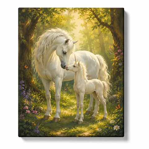 White Unicorn and Foal in a Sunlit Forest Clearing artwork on white background