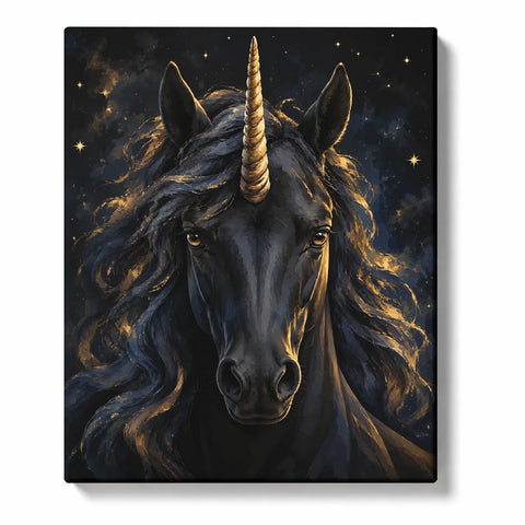 Black Unicorn Portrait with a Golden Horn and Starry Sky artwork on white background