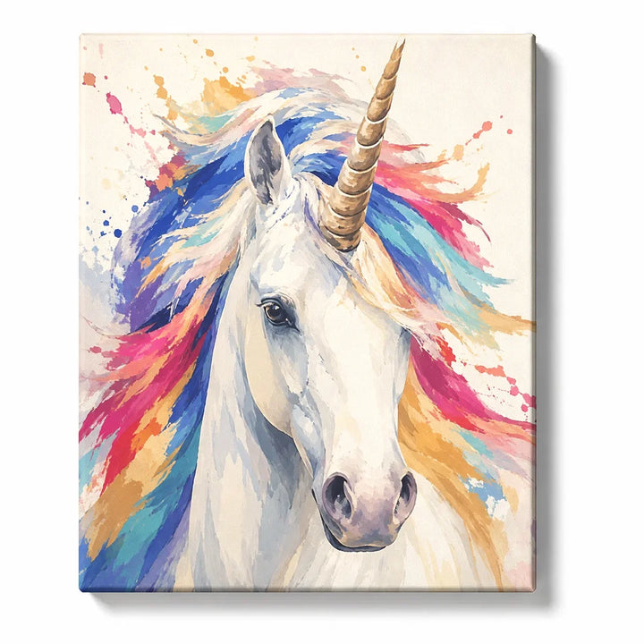 White Unicorn Portrait with a Rainbow Mane and Paint Splashes artwork on white background
