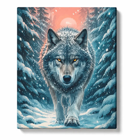 Wolf Paint by Numbers For Adults featuring gray wolf walking through snowy pine forest with golden eyes, icy blue landscape and winter sunset