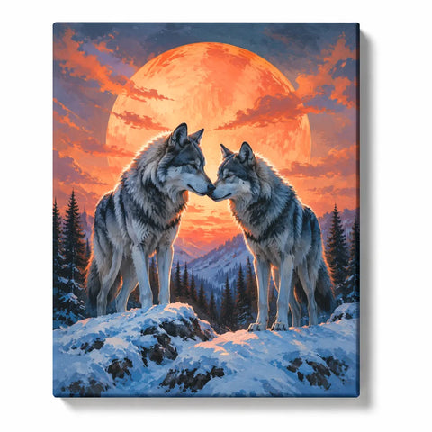 Wolf Paint by Numbers For Adults featuring two gray wolves on snowy mountain ridge beneath giant orange moon with pine forest and winter peaks