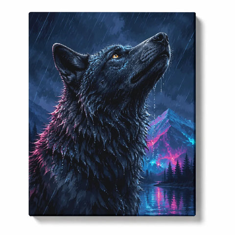 Wolf Paint by Numbers For Adults featuring wolf portrait under rainy mountain sky with dark forest, lake reflection and dramatic blue lighting