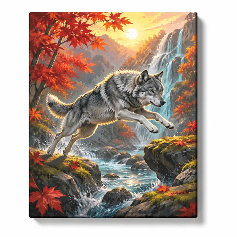 Wolf Paint by Numbers For Adults featuring running wolf jumping across waterfall stream with autumn forest, maple leaves and mountain landscape