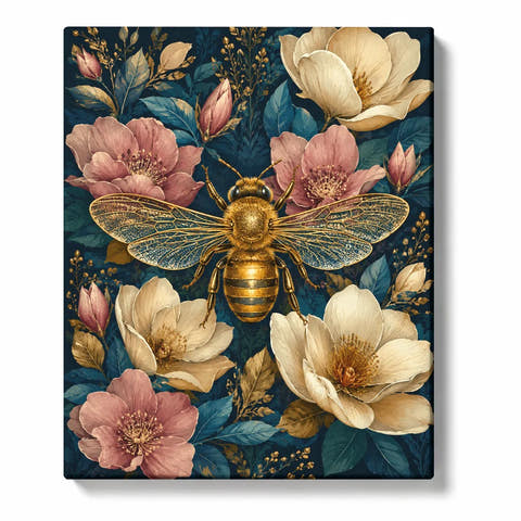 Golden bee with intricately patterned wings surrounded by cream and blush flowers, teal leaves and gold botanical accents in a Paint by Numbers design.